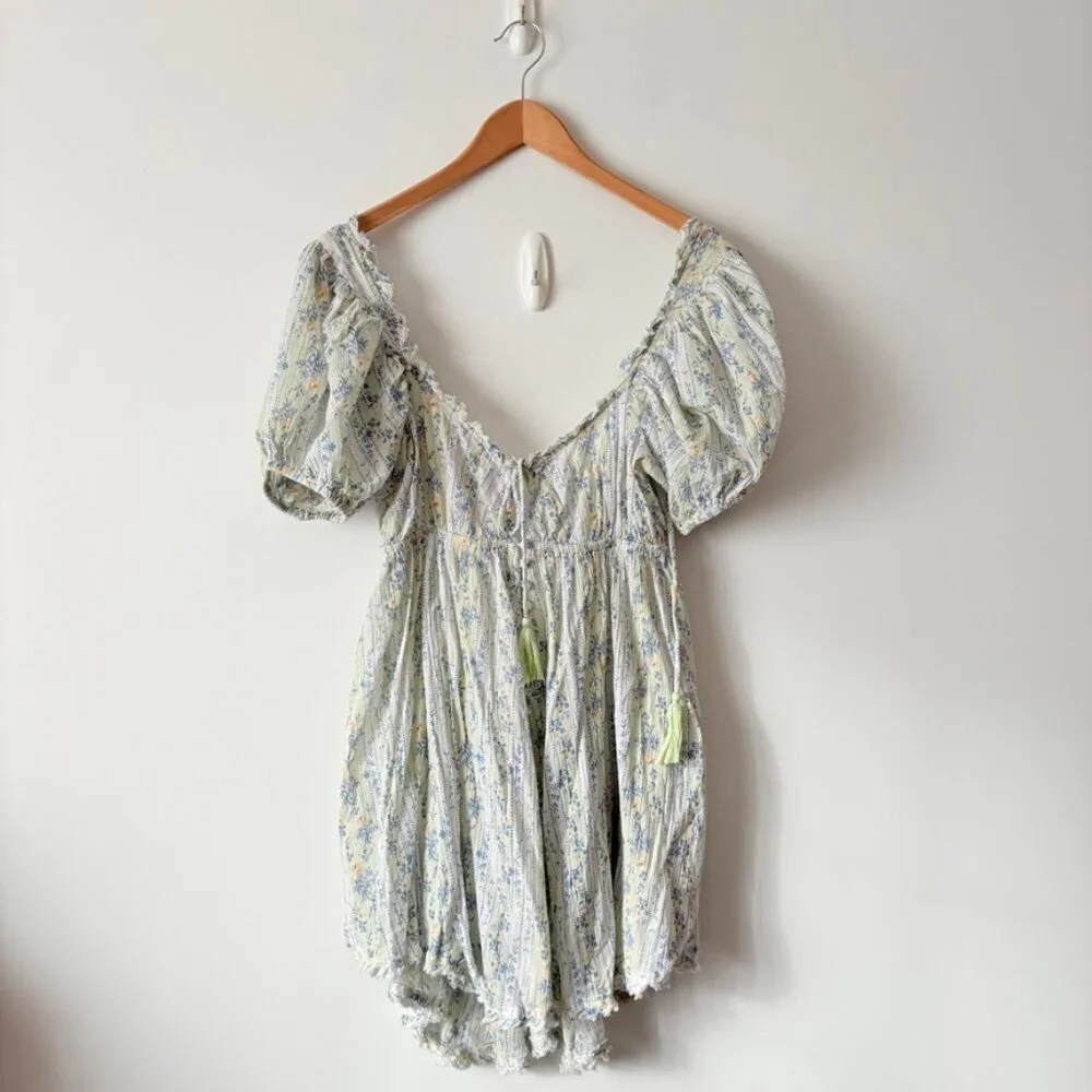 Free People Puff Sleeve Cotton Mini Dress Blue Green Floral Size Small - Picture 1 of 5